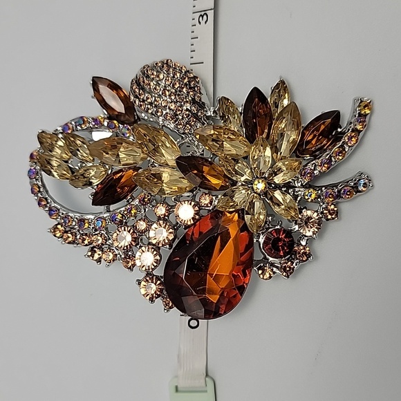 European American Large AB Amber Colored Glass Luxury Floral Brooch 3" Statement - Picture 7 of 8